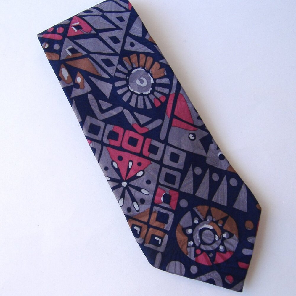 J Blades & Co Tie 100% Silk Abstract Geometric Grey Blue Bronze Hand Made Men's